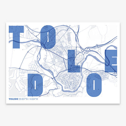 Decorative print of Toledo with letters of its name placed randomly, designed in navy blue and white
