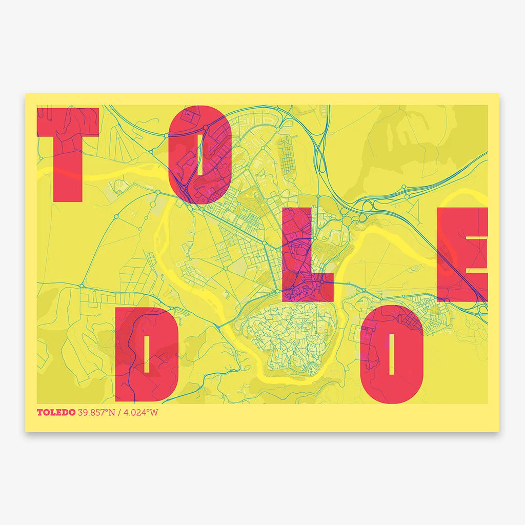 Decorative print of Toledo with letters of its name placed randomly, designed in yellow and fuchsia
