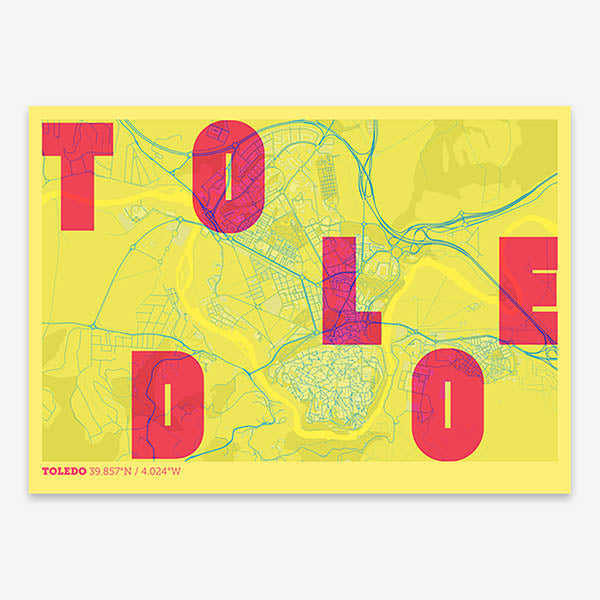 Decorative print of Toledo with letters of its name placed randomly, designed in yellow and fuchsia