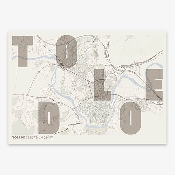 Decorative print of Toledo with letters of its name placed randomly, designed in light brown and an off-white background
