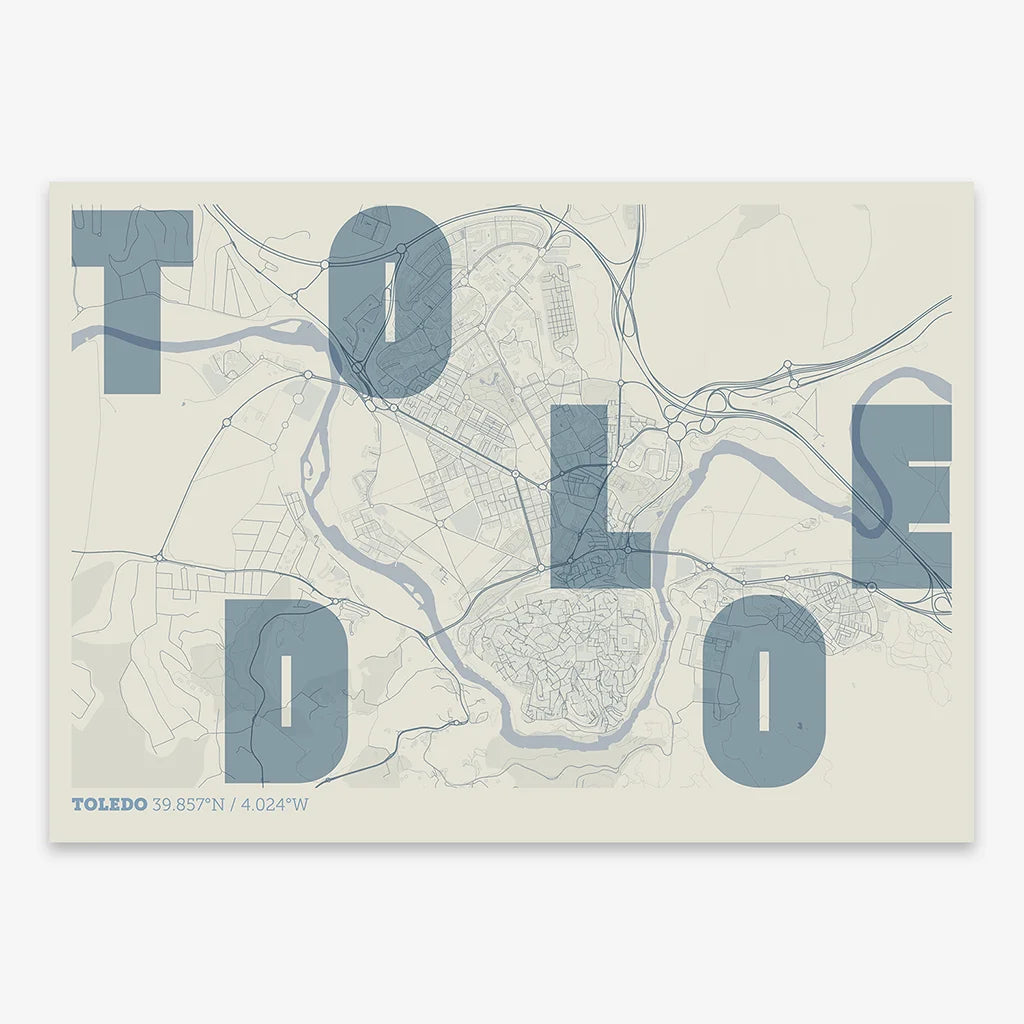 Decorative print of Toledo with letters of its name placed randomly, designed in bluish gray and an off-white background