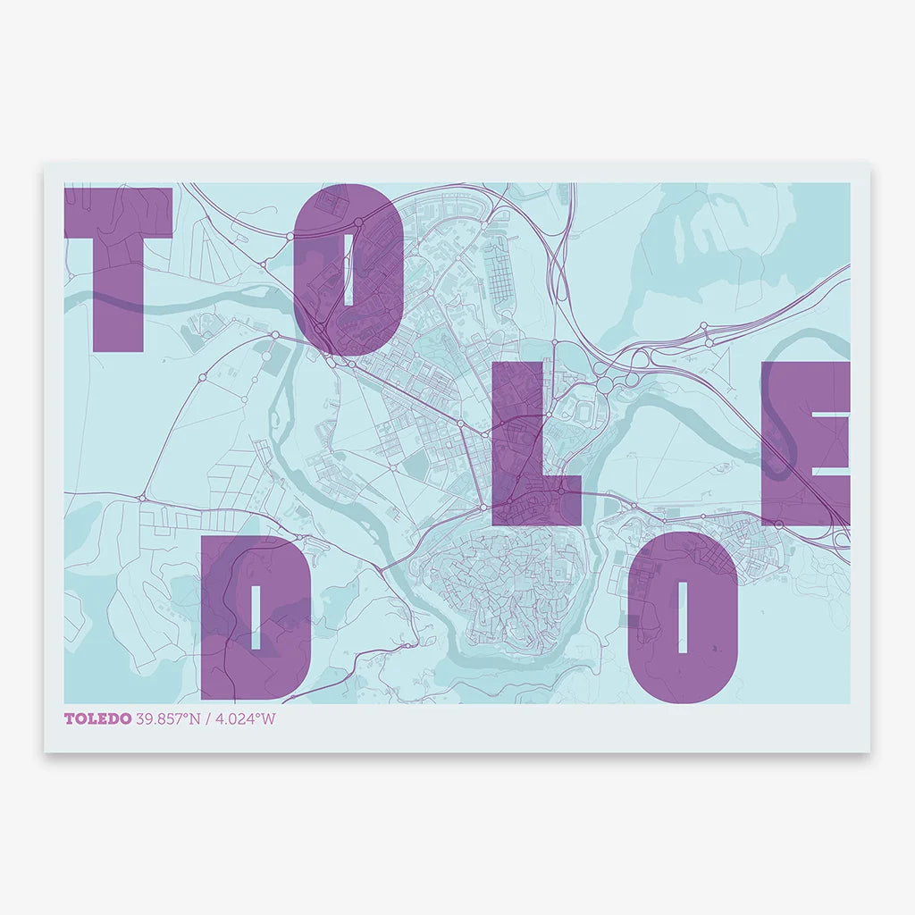 Decorative print of Toledo with letters of its name placed randomly, designed in purple and light blue