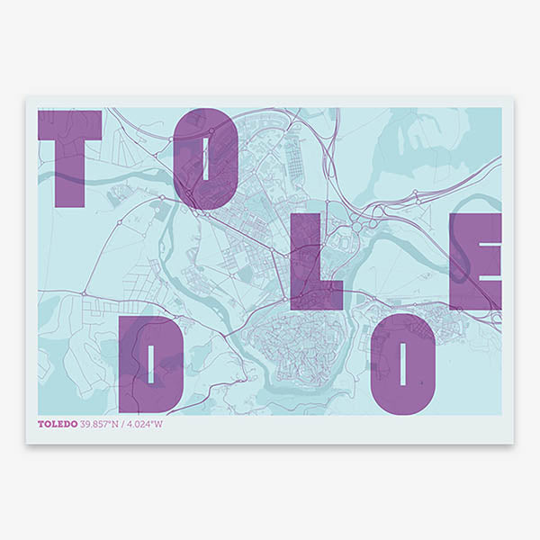 Decorative print of Toledo with letters of its name placed randomly, designed in purple and light blue