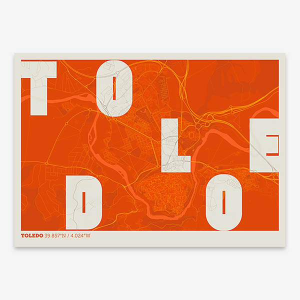 Decorative print of Toledo with letters of its name placed randomly, designed in orange and an off-white background