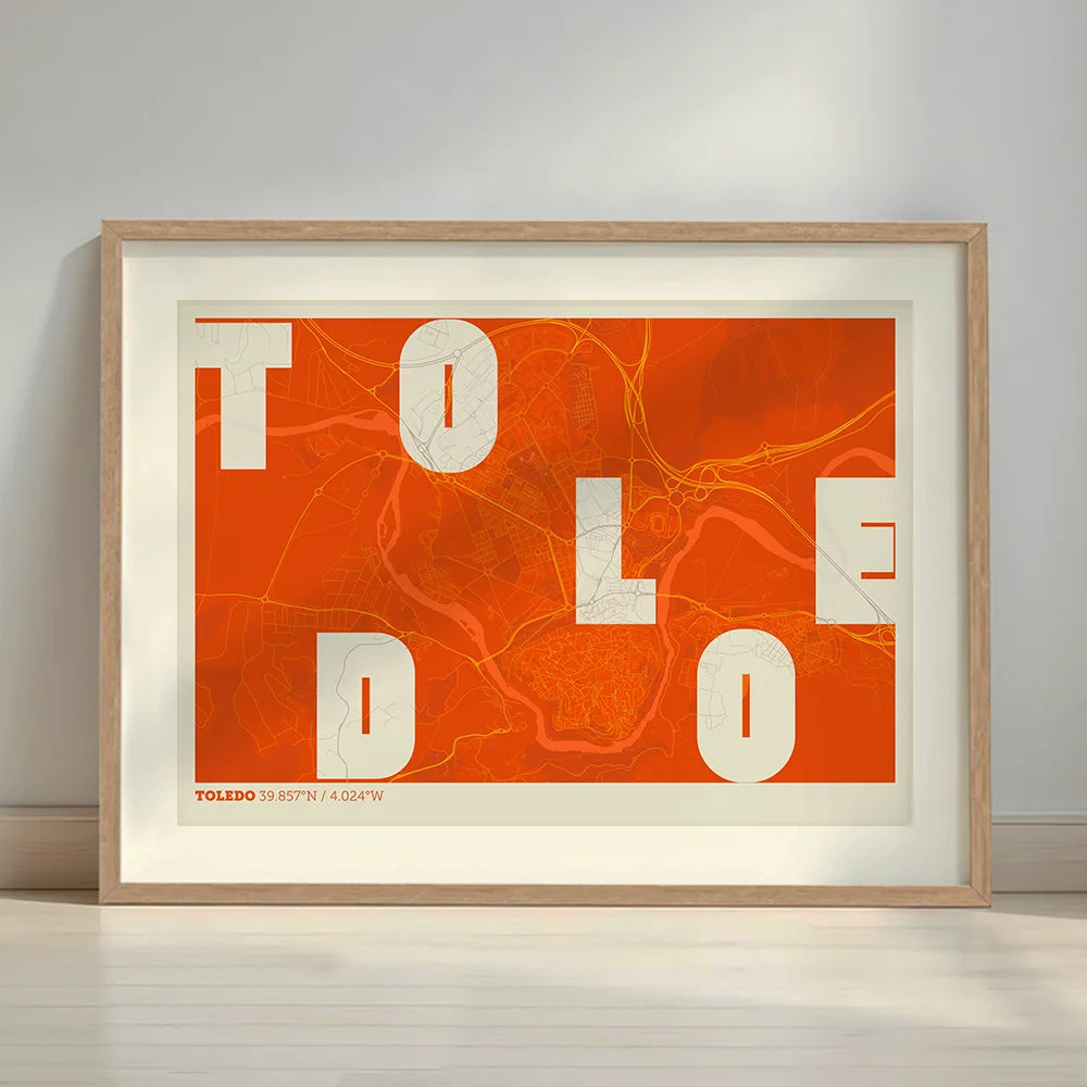 Framed Toledo in Unruled design, where the city name letters appear randomly across different lines for a truly original urban layout designed in orange and an off-white background with a white margin border in a warm lit minimalist setting