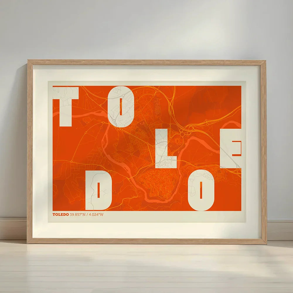 Framed Toledo in Unruled design, where the city name letters appear randomly across different lines for a truly original urban layout designed in orange and an off-white background with a white margin border in a warm lit minimalist setting