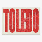 Decorative map of Toledo and letters of its name in a giclée print designed in red and an off-white background