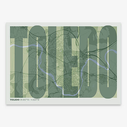 Decorative map of Toledo and letters of its name in a giclée print designed in two green tones