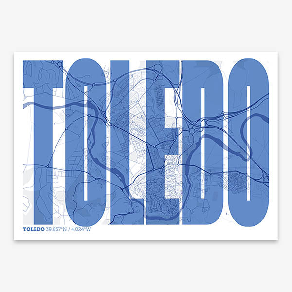 Decorative map of Toledo and letters of its name in a giclée print designed in navy blue and white