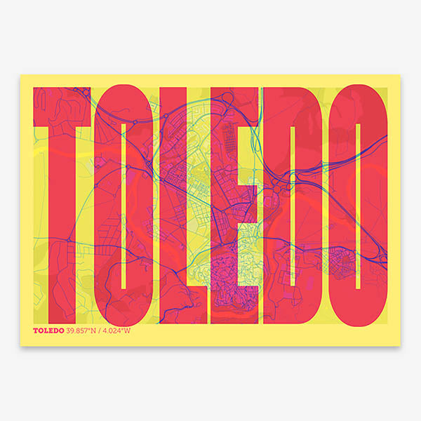 Decorative map of Toledo and letters of its name in a giclée print designed in yellow and fuchsia