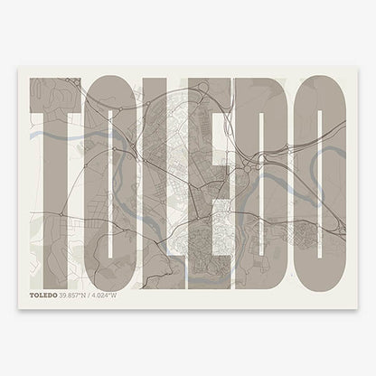 Decorative map of Toledo and letters of its name in a giclée print designed in light brown and an off-white background