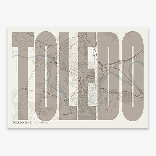 Decorative map of Toledo and letters of its name in a giclée print designed in light brown and an off-white background