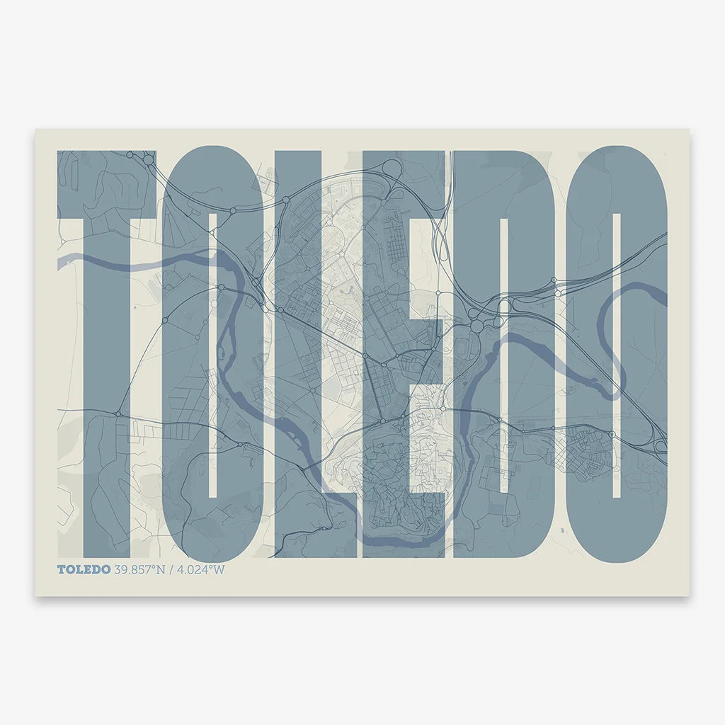 Decorative map of Toledo and letters of its name in a giclée print designed in bluish gray and an off-white background