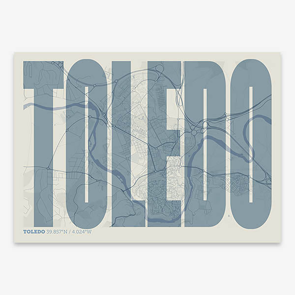 Decorative map of Toledo and letters of its name in a giclée print designed in bluish gray and an off-white background