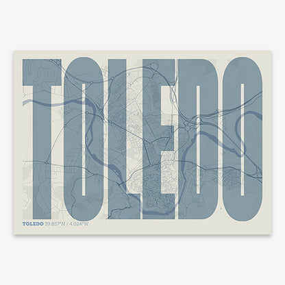 Decorative map of Toledo and letters of its name in a giclée print designed in bluish gray and an off-white background