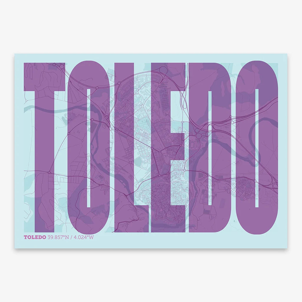 Decorative map of Toledo and letters of its name in a giclée print designed in purple and light blue