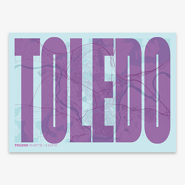 Decorative map of Toledo and letters of its name in a giclée print designed in purple and light blue