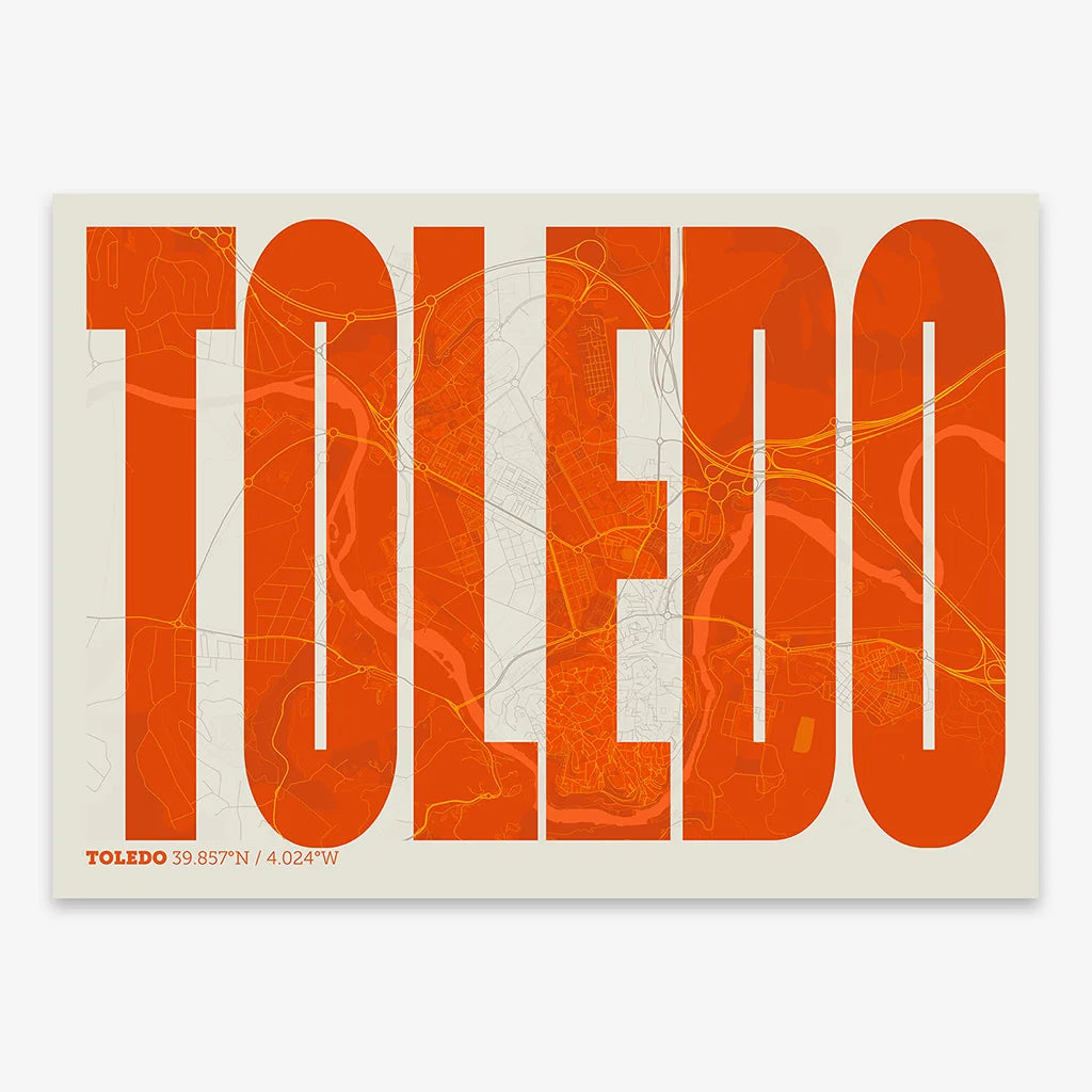 Decorative map of Toledo and letters of its name in a giclée print designed in orange and an off-white background