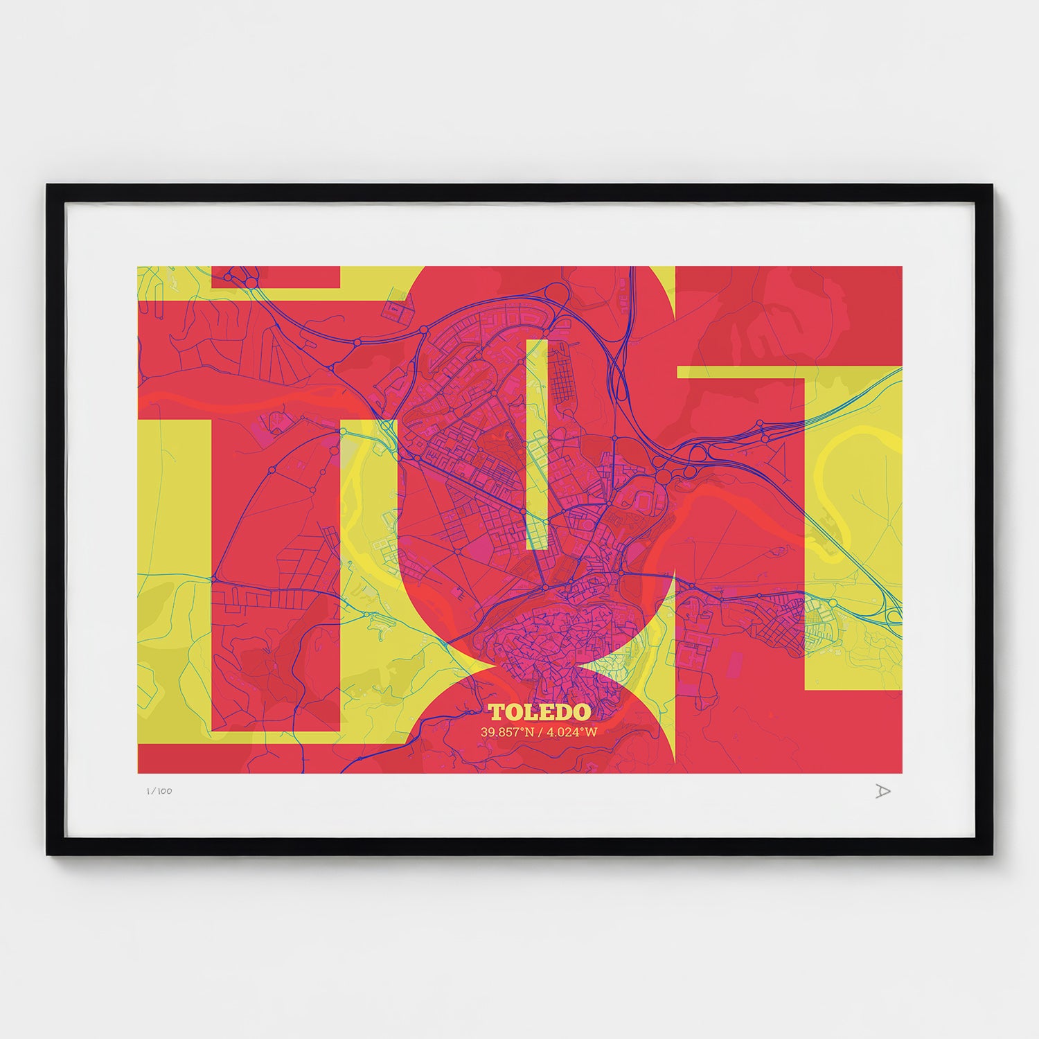 Lámina tipográfica de Toledo – diseño Inseparable, marco negro