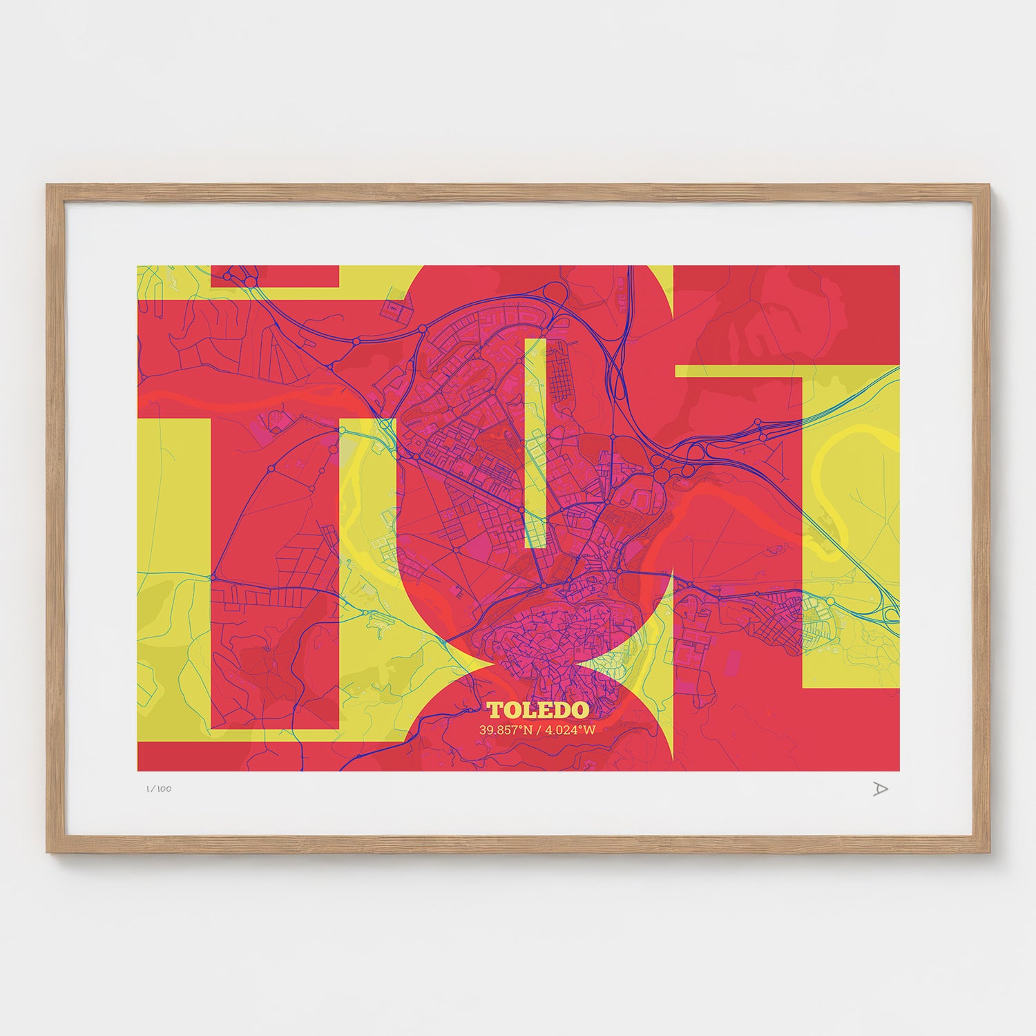 Lámina tipográfica de Toledo – diseño Inseparable, marco de madera natural
