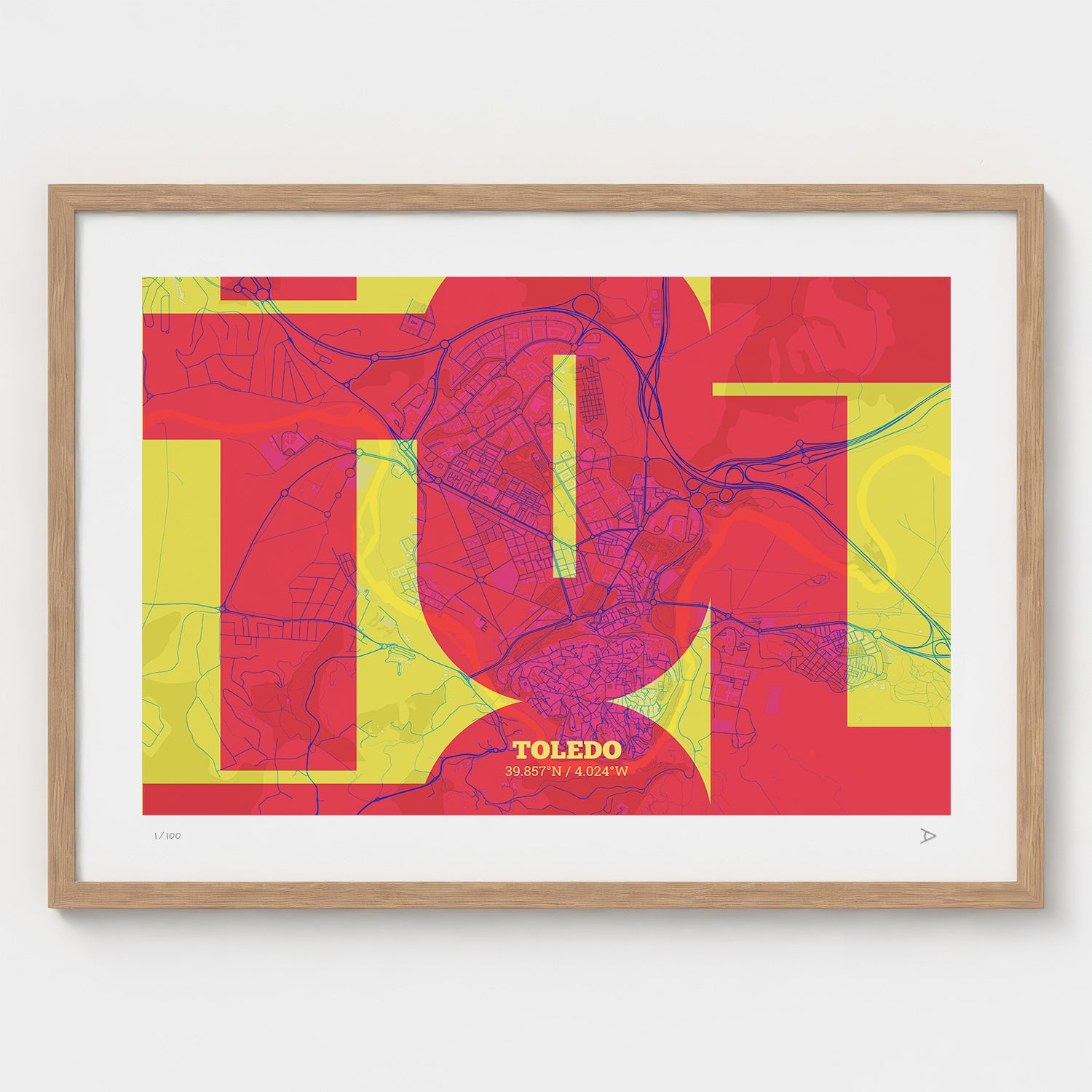 Lámina tipográfica de Toledo – diseño Inseparable, marco de madera natural