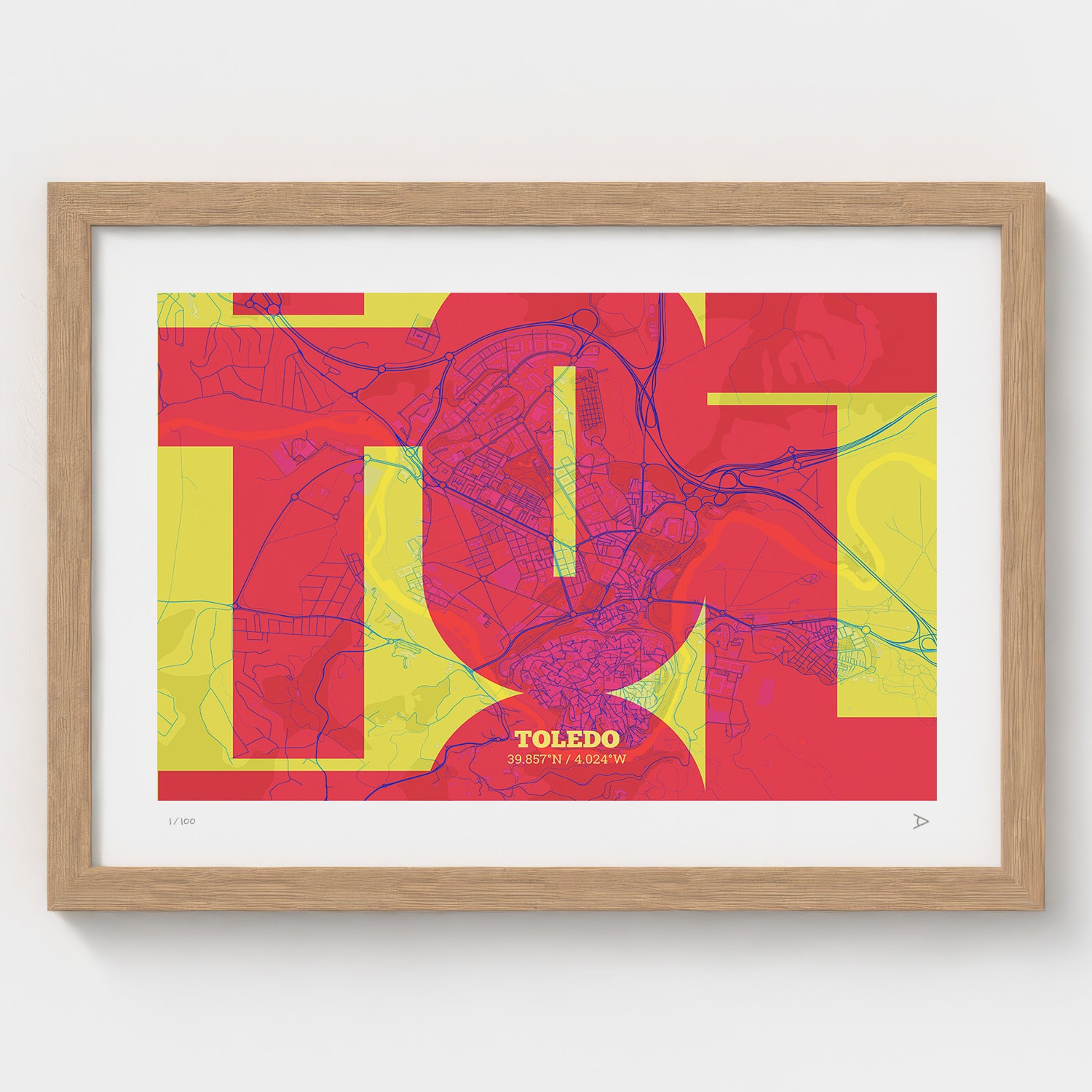 Lámina tipográfica de Toledo – diseño Inseparable, marco de madera natural