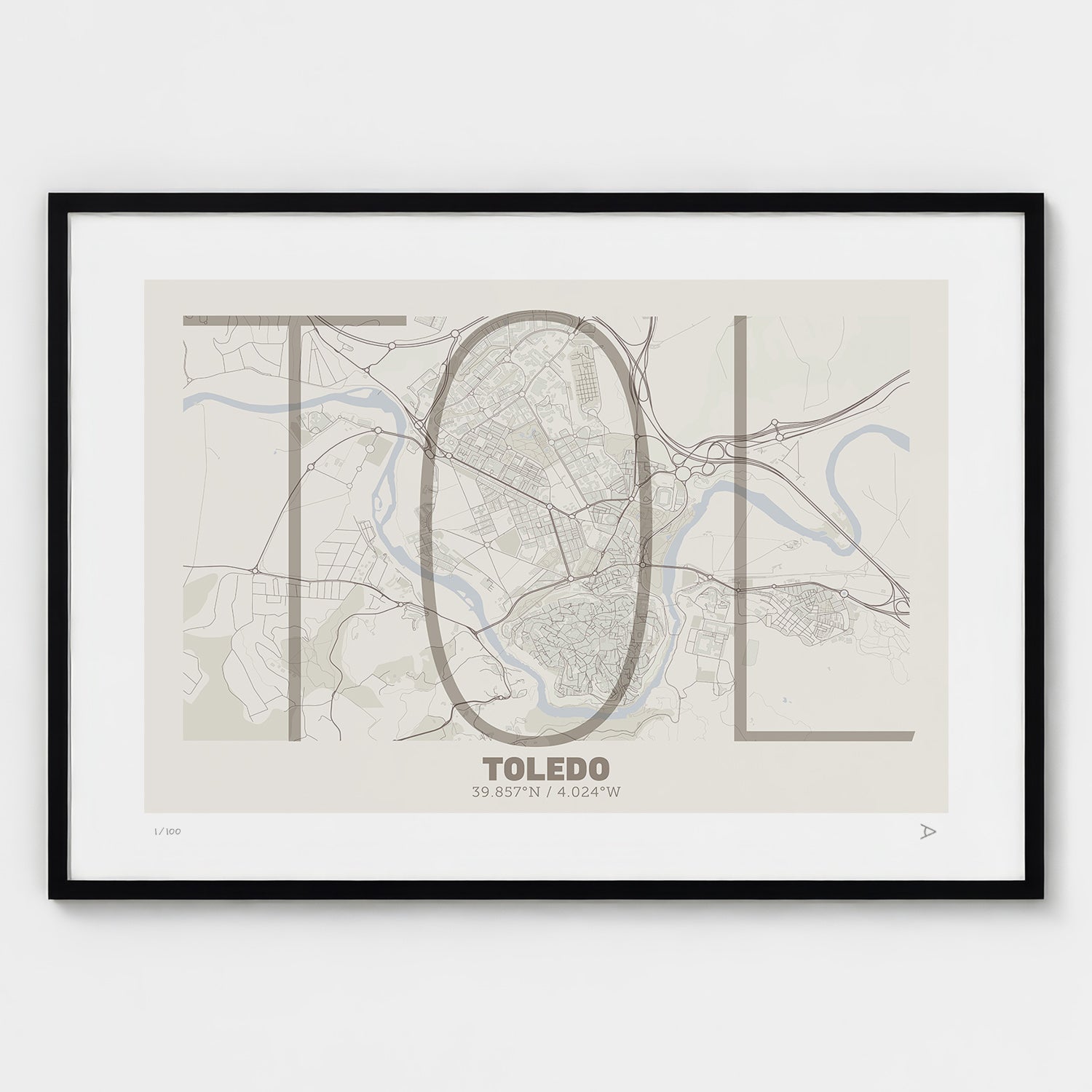 Lámina tipográfica de Toledo – diseño Ultrafina, marco negro