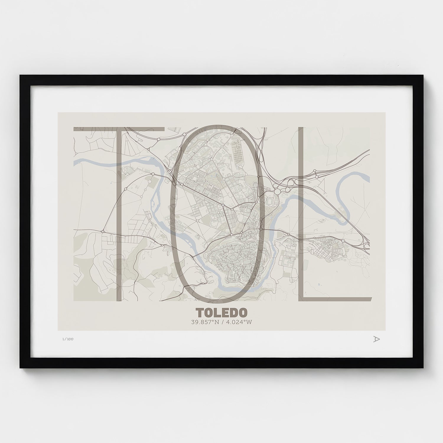 Lámina tipográfica de Toledo – diseño Ultrafina, marco negro