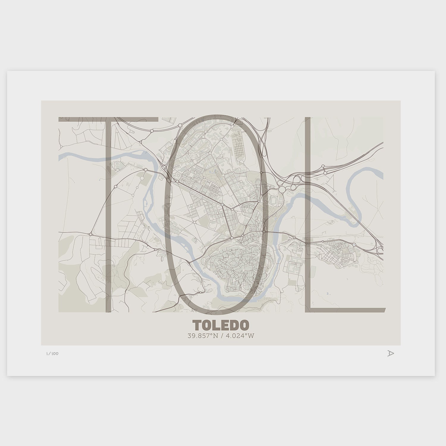 Lámina tipográfica de Toledo – diseño Ultrafina, sin marco sobre papel