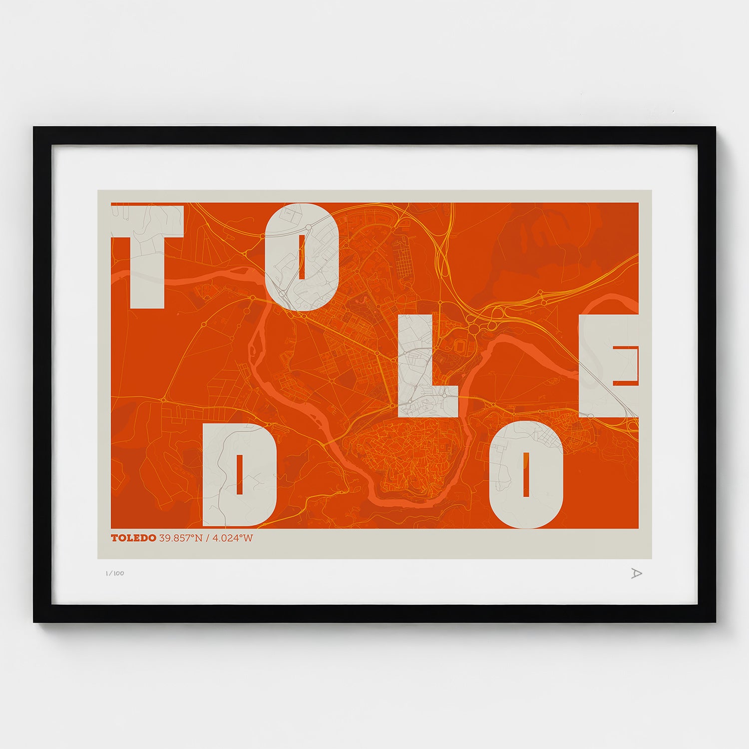 Lámina tipográfica de Toledo – diseño Revoltosa, marco negro