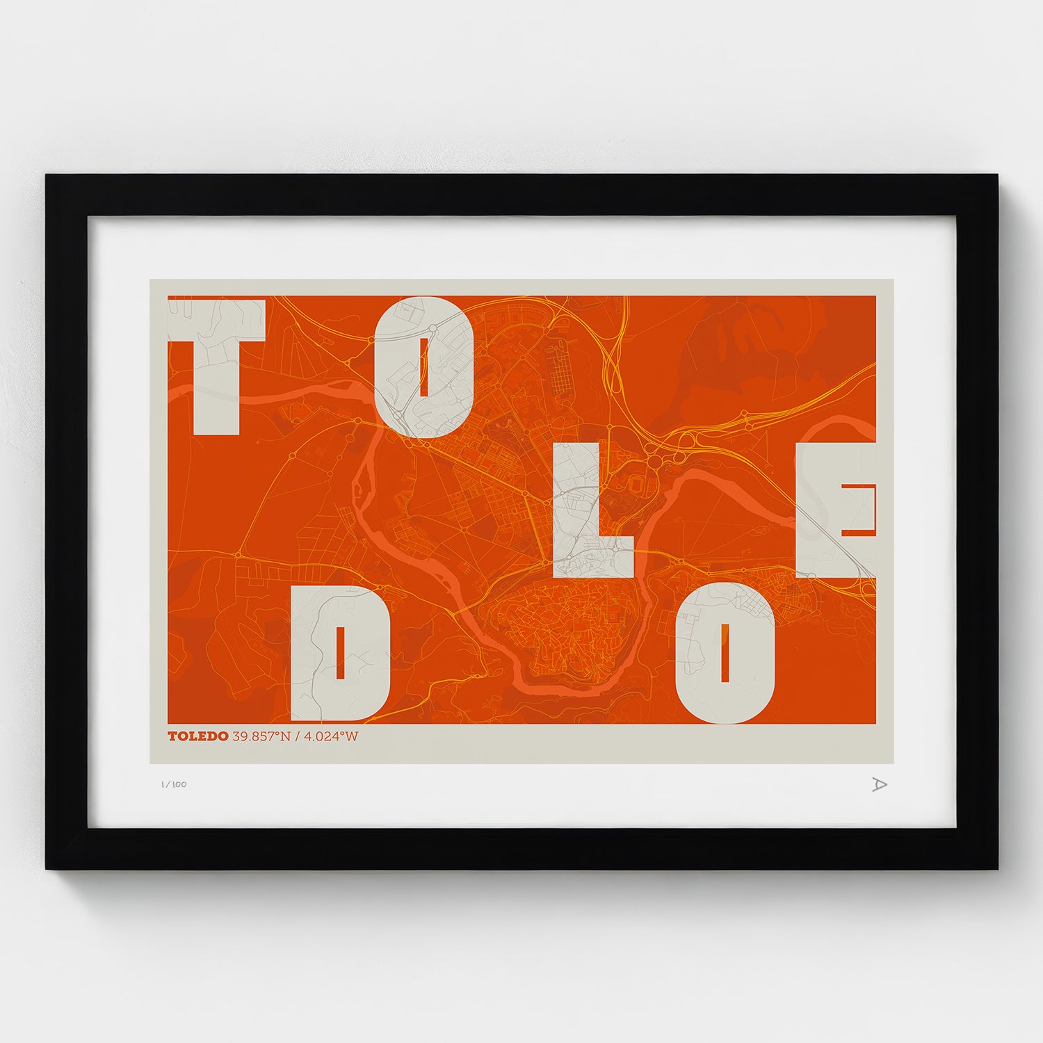 Lámina tipográfica de Toledo – diseño Revoltosa, marco negro