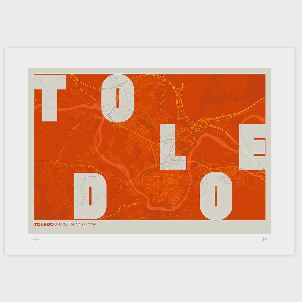 Lámina tipográfica de Toledo – diseño Revoltosa, sin marco sobre papel
