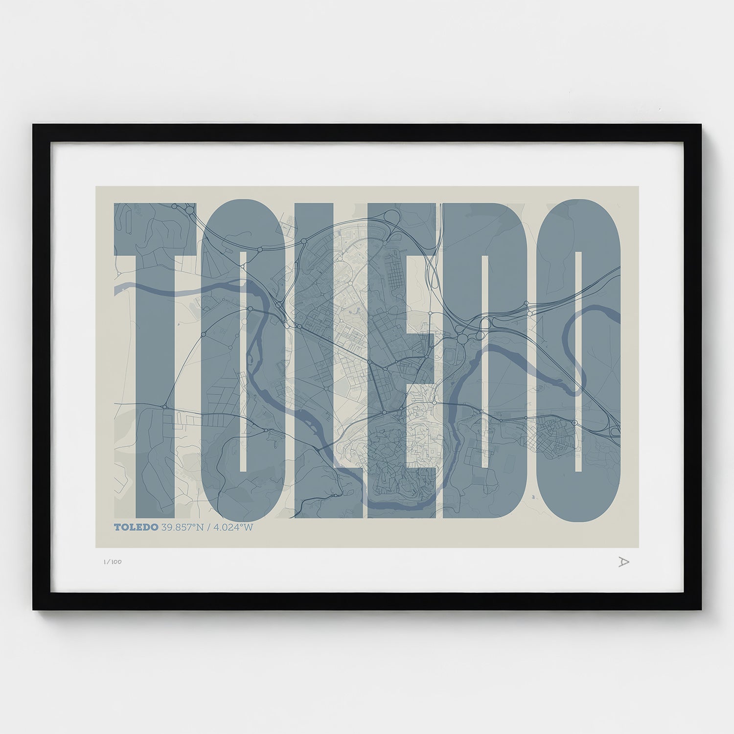Lámina tipográfica de Toledo – diseño Extra Comprimida, marco negro