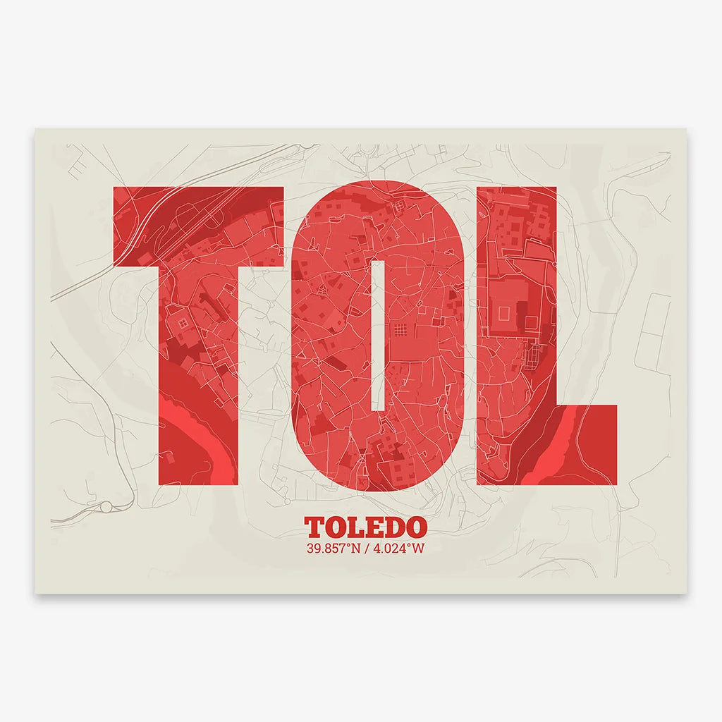 Decorative print of Toledo composed with letters in a heavy geometric font printed on red and an off-white background