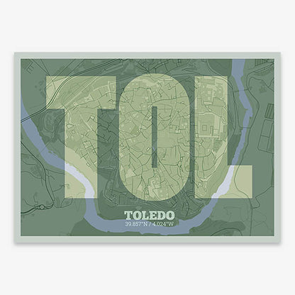 Decorative print of Toledo composed with letters in a heavy geometric font printed on two green tones