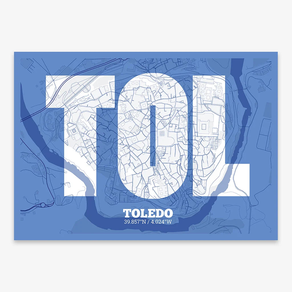 Decorative print of Toledo composed with letters in a heavy geometric font printed on navy blue and white