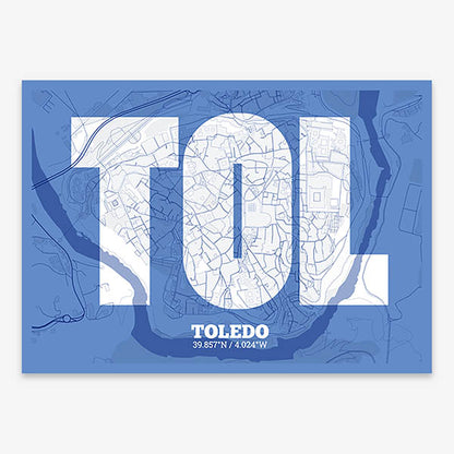 Decorative print of Toledo composed with letters in a heavy geometric font printed on navy blue and white