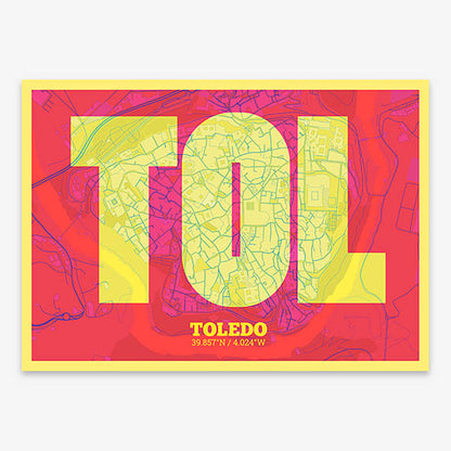 Decorative print of Toledo composed with letters in a heavy geometric font printed on yellow and fuchsia