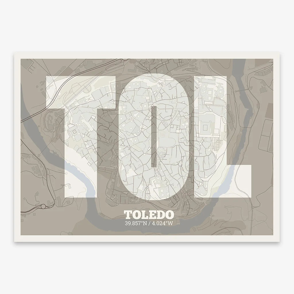 Decorative print of Toledo composed with letters in a heavy geometric font printed on light brown and an off-white background