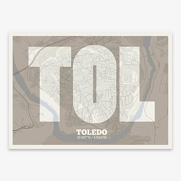 Decorative print of Toledo composed with letters in a heavy geometric font printed on light brown and an off-white background