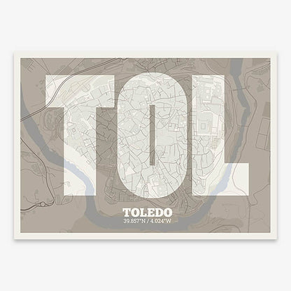 Decorative print of Toledo composed with letters in a heavy geometric font printed on light brown and an off-white background