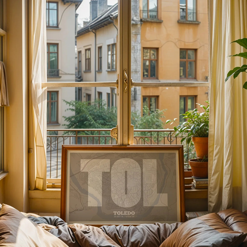 Modern interior design with a Toledo in Super Bold design, a typographic poster where the city map is overlaid with extra-thick lettering for a modern, high-impact look designed in light brown and an off-white background, displayed on a living room wall