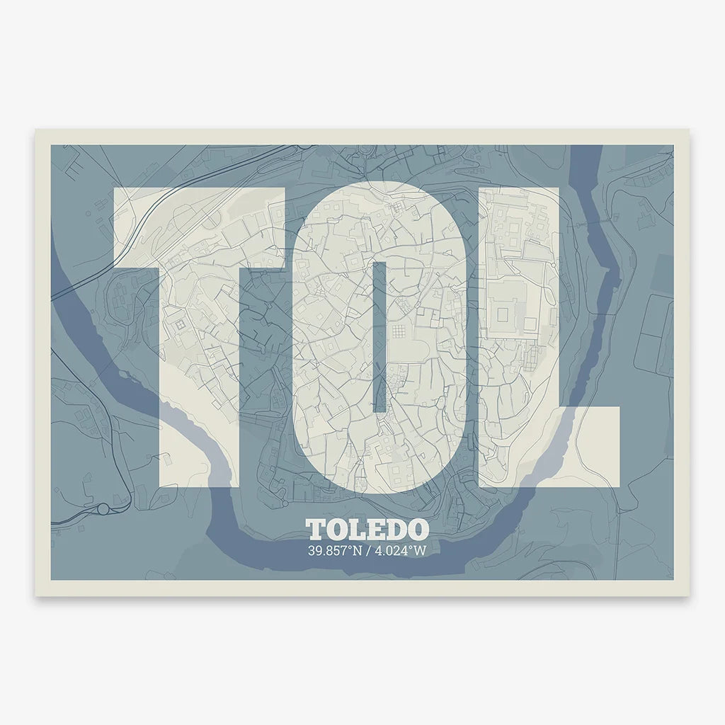Decorative print of Toledo composed with letters in a heavy geometric font printed on bluish gray and an off-white background