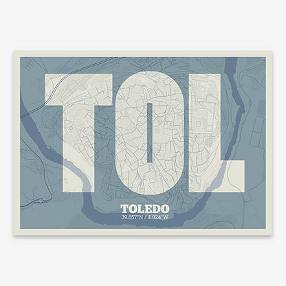 Decorative print of Toledo composed with letters in a heavy geometric font printed on bluish gray and an off-white background