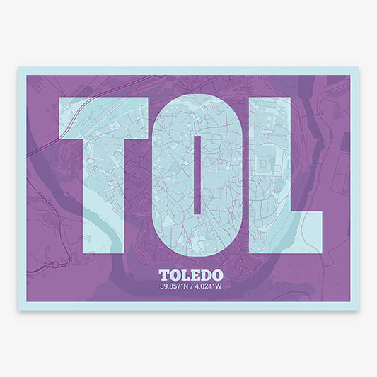Decorative print of Toledo composed with letters in a heavy geometric font printed on purple and light blue