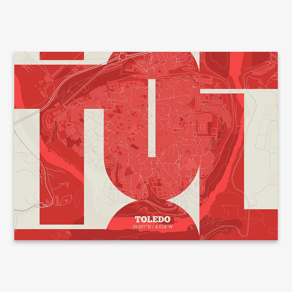 Poster of Toledo composed with letters from its abbreviation or its airport IATA code printed on red and an off-white background
