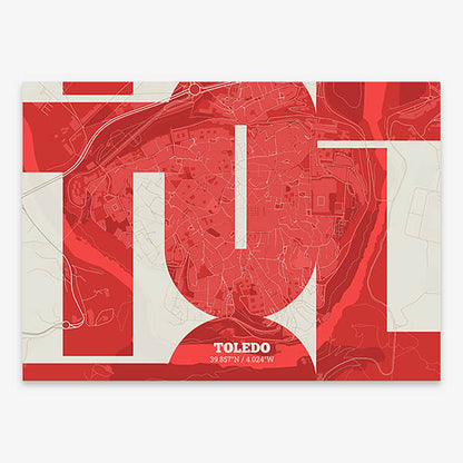 Poster of Toledo composed with letters from its abbreviation or its airport IATA code printed on red and an off-white background
