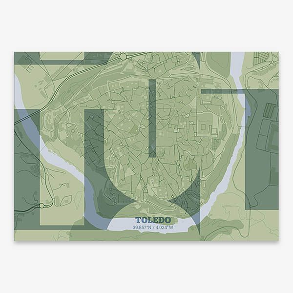 Poster of Toledo composed with letters from its abbreviation or its airport IATA code printed on two green tones