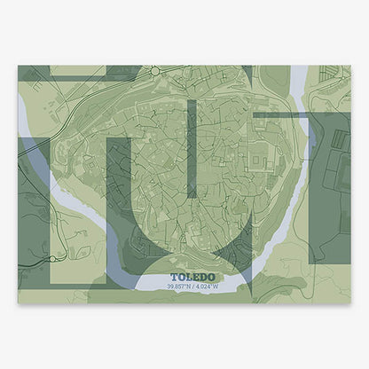Poster of Toledo composed with letters from its abbreviation or its airport IATA code printed on two green tones