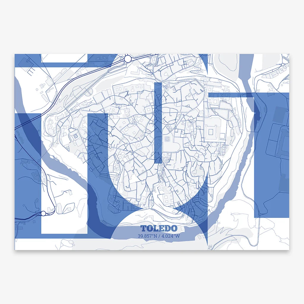 Poster of Toledo composed with letters from its abbreviation or its airport IATA code printed on navy blue and white